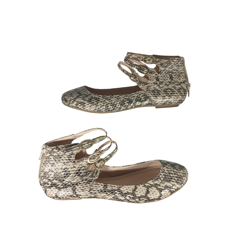 Bamboo Comfy Soles Snakeskin Ballet Flats‎ Triple Ankle Strap Zip Back Size 7.5